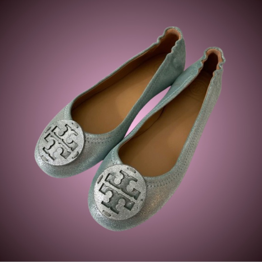 Tory Burch Minnie travel ballet flat metallic garden sage sz 5.5